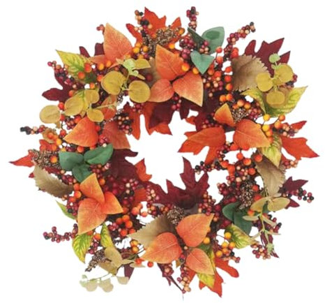 Ghirlanda Corona Autunnale Per Porta D'ingresso, Ghirlanda Artificiale Autunno Di Halloween Thanksgiving Da Appendere, Coroncina Autunnale Porta Con Bacche E Foglie D'acero Per Decor Murale & Finestra