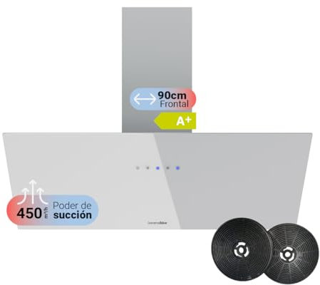 UNIVERSALBLUE - Campana Extractora Inclinada de Cristal Blanco 90 cm, Succión 450m³/h, Temporizador, 3 Velocidades, LED, Filtro Lavable, Clase A, Filtros de Carbono Incluidos
