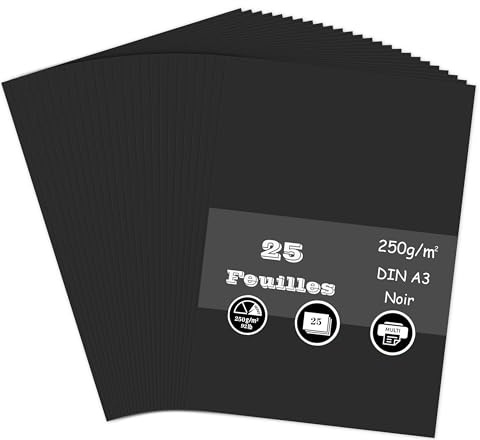 Lot de 25 feuilles de papier cartonné noir, feuille cartonnée A3 250 g/m² épais carton bricolage pour la fabrication de cartes, le scrapbooking, l'impression au bureau et les loisirs créatifs