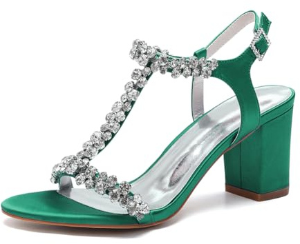 Sandali da Sposa con Tacco Largo Donna Cinturino A T da Strass Raso Punta Aperta Scarpe da Sposa Matrimonio 1936-08,Verde,35 EU