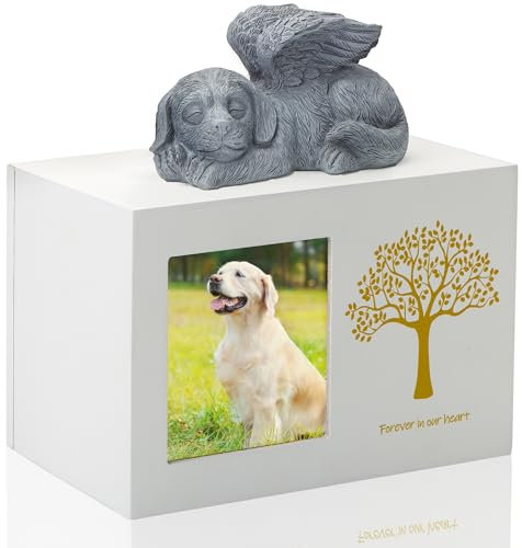 DiDiBirDi Urna para cenizas de perros, caja de madera blanca, urna para cenizas, cenizas de mascotas, caja con ángel para perros y bolsa de cenizas