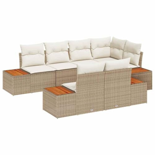 vidaXL 7-delat modulärt trädgårdsoffset | Beige och vit poly rattan kuddar för utomhusbruk justerbara fötter väderbeständig rymlig sittplats upp till 6 sektionellt möblemang med tre-sits soffa