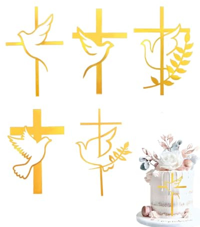 HUVZOR 5PCS décorations de gâteau en forme de croix - Colombe dorée - Acrylique - Effet miroir irisé - Pour mariage, anniversaire, Noël, fête et plus encore