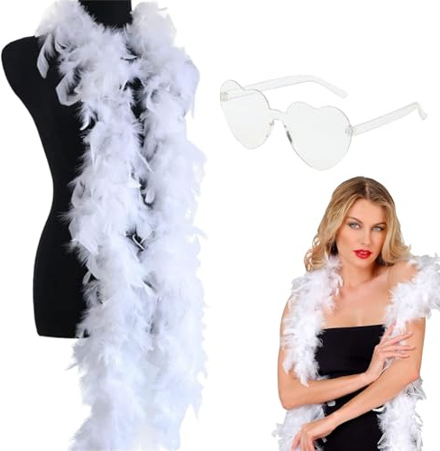 CtiUjdx 1 Pcs White Feather Boa And 1 Pair Of Glasses, Premium Thick And Fluffy Feather Boa White, 2m Long, For Costume Parties And Special Occasions, Soft And Lightweight Feather Scarf