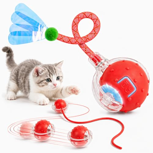 EXTFANS Palla elettrica per gatti con 2 corde di coda, giocattolo elettrico per gatti, giocattolo interattivo con 4 modalità e voci per uccelli, Powerball a 360° e ricarica USB, con luci a LED (rosso)