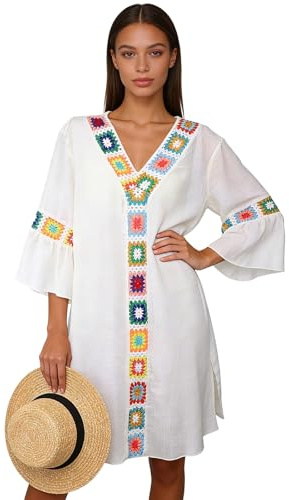 GOZINA Beach Coverups for Women UK, V Neck Boho Beach Dress, Crochet Flowers Bikini Cover Ups Beachwear