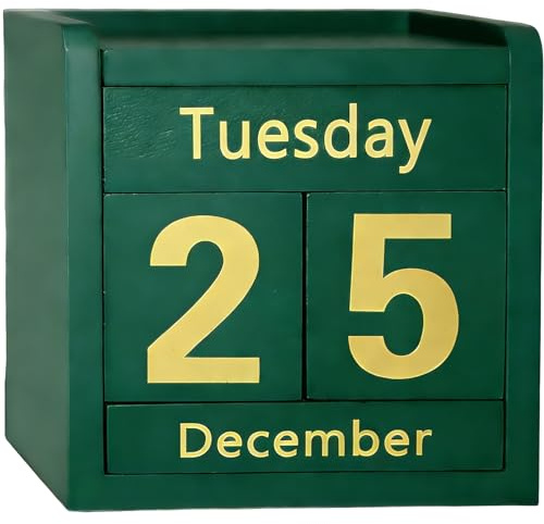 Green Wooden Perpetual Block Calendar Daily Desk Calendar for Coffee Table Decor Teachers Students Classroom Office Accessories Farmhouse Entryway Bookshelf Decoration