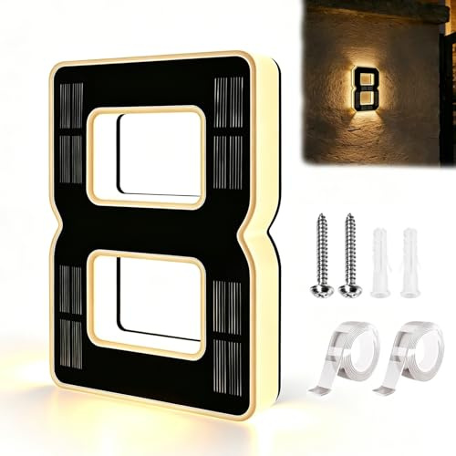 Números de casa con luz solar, números de casa grandes impermeables de 9 pulgadas para exteriores, placas de dirección iluminadas modernas para visibilidad nocturna exterior, letrero solar del