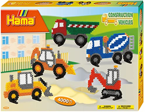 Hama Perlen 3143 Geschenk-Set Baufahrzeuge mit ca. 4.000 bunten Midi Bügelperlen mit Durchmesser 5 mm, Stiftplatte, inkl. Bügelpapier, kreativer Bastelspaß für Groß und Klein