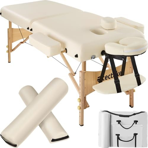 tectake® Camilla Masaje Plegable de Madera, Camilla Profesional Bizona para Fisioterapia, Quiromasaje, Tatoos, Reiki, Camilla Estética Profesional Ajustable, Con Bolsa Transporte y Cojines - beige