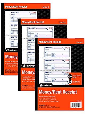 Adams Money and Rent Receipt Books New Color Cover, 3 Part Carbonless, 3 Pack, 7-5/8 x 10-7/8, Spiral Bound, 100 Set Book, 4 Receipts per Page reciept Book Booklet (TC1182 -E)
