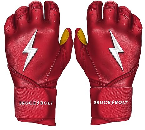 BRUCE BOLT 2020 Premium Pro Red Long Cuff Cabretta Leather Baseball Batting Gloves with Glove Bag - Youth XLarge LRDYXL