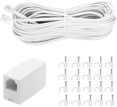 Vthahaby 50 Feet Long Telephone Extension Cord Phone Cable Line Wire, with Standard RJ11 Plug and 1 in-Line Couplers and 15 Cable Clip Holders-White (White 15M)