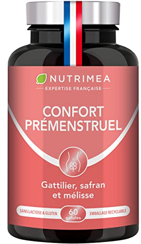 Confort Prémenstruel - Apaise le Syndrome Prémenstruel et les Règles Douloureuses - Mélisse, Gattilier & Safran Breveté Safr’inside™ - Nutrimea - 60 gélules Vegan - Fabriqué en France