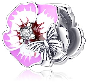 Symretie Rosa Blumen Charms Anhänger 925 Sterling Silber für Europäische Armbänder und Halskette Blume Bead Charme Perlen Rosa Geschenke für Freunde