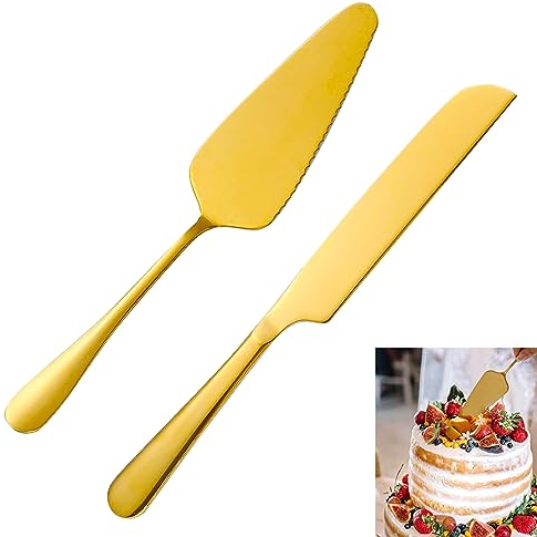 gvivej Set di coltelli per Torta Nuziale e Server, in Acciaio Inox Dorato, per Il Matrimonio. Include formine e Paletta per Torte, Perfetto per Matrimoni, Compleanni, Feste, Addio al Nubilato (Oro)