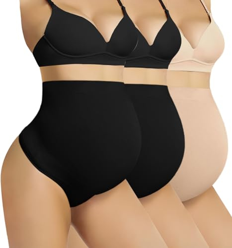 Boguish Seamless Maternity Shapewear Over Belly Support Thong High Waist Underwear Panties for Pregnancy 2*Black/Nude Size M