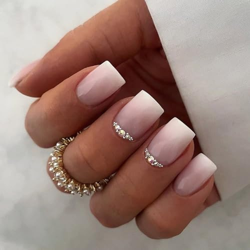 Ceboic 24 Pezzi Unghie Finte Corte Quadrate Adesive Press on Nails Kit Rosa Bianco Francese Gradient Unghie Artificiali Copertura Completa Unghie Finte Senza Colla Punta Acrilica per Bambina Ragazza