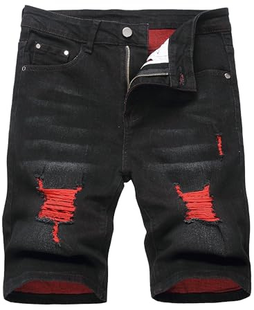 Men's Regular-Fit Denim Short Mens Jean Shorts Distressed Ripped Denim Shorts Summer Casual Classic Straight Short Jeans Men Cargo Denim Biker Jeans Shorts with Zipper, Black 8016, Size 40