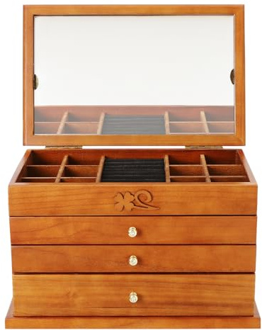 wanwanper Wooden Jewellery Box, Vintage Wood Organiser, with Removable Compartment and Mirror, Storage Box for Jewellery, Rings, Earrings, Necklaces, Watches, Bracelets, 31 * 19.3 * 19.7cm