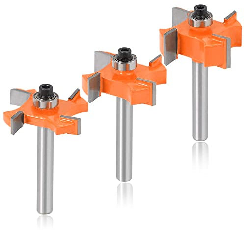 Mesee 3Pcs 8mm Tige Fraise à Rainurer et Languette, Fraise à Bois en T Forme Fraise de Rainure avec Roulement Set Outil de Coupe Bois 4 Dents pou Menuiserie