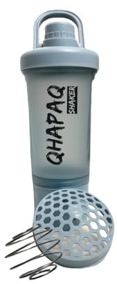 QHAPAQ Protein Shaker Bottle 500ml - Vaso mezclador de proteínas con filtro interno y anilla transportadora (Azul) - Sin BPA, anti-derrames, ideal para batidos y gimnasio (Blue)