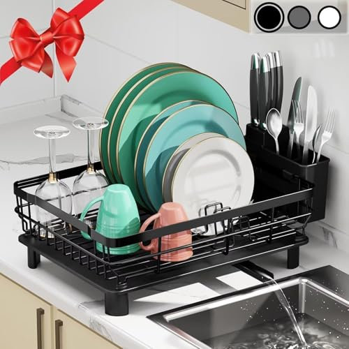 Dish Drainer Rack, Space-Saving Stainless Steel Dish Racks for Kitchen Counter,Dish Drainer with Removable Utensil Holder Drainboard (Black)
