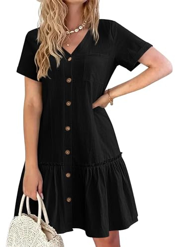 Hotouch Robe en Lin Femme Été Chemise Boutonnée Élégante Mi-Longue T-Shirt Léger Noir M