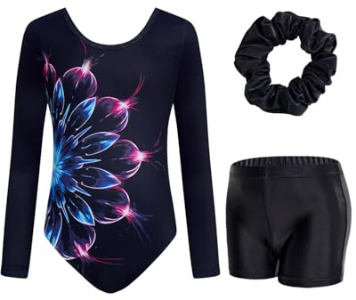 JiAmy Turnanzug Mädchen, Gymnastikanzug Kinder Turnshorts Haarband Set Gekreuzte Schulterriemen Turnanzug Leotard Set für 11-12 Jahre