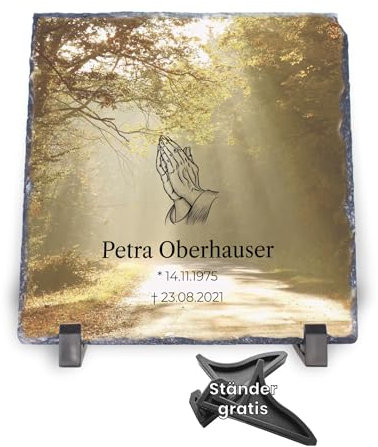 MOMENTU® Personalisierter Gedenkstein Sonnenstrahlen [Schieferplatte 19x19cm + Ständer] Steinplatte Wald Trauerstein Fotoaufsteller Gedenkfoto Grabplatte Grabschmuck Gedenktafel Weltlich Kondolenz