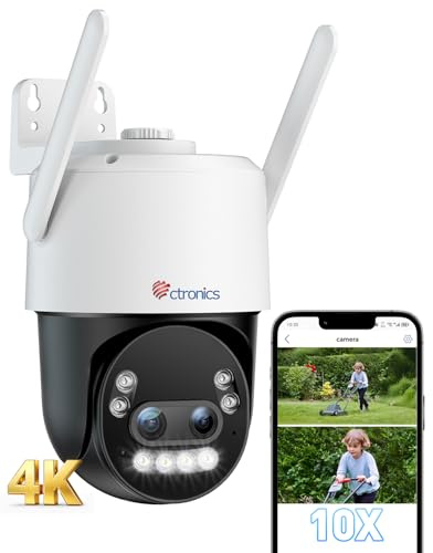 Ctronics 4K [10X Zoom Ibrido] Telecamera Wi-Fi Esterno Metallo, Auto Zoom-Tracking, Doppio Obiettivo, Videocamera di Persone/Veicoli/Ani, 2,4/5GHz WiFi, Visione Notturna Colori, PC/FTP/NAS, Cloud/TF