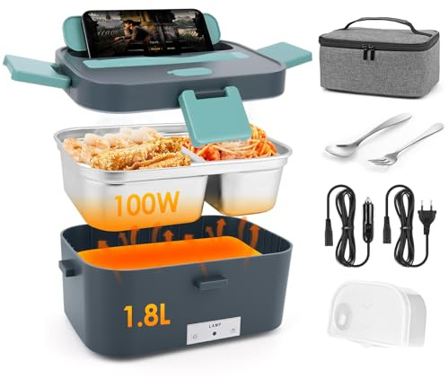 Dreamhigh® 100W Scaldavivande Elettrico Portatile 1.8L, Porta Pranzo Riscaldabile con Borsa, Forchetta e Cucchiaio, 12V/24V/220V Lunch Box Elettrico, Porta Pranzo da Ufficio e Auto