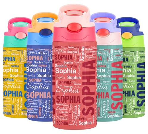 VEELU Botella Agua Personalizada con Pajita - Termo Personalizado con Nombre - Botella Agua Acero Inoxidable Personalizada - Botella Termica Niña 350ml - Regalo Seño Infantil