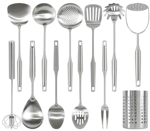 CQKEDMA 304 Stainless Steel Cooking Utensils Set with Holder, 12 PC Metal Kitchen Utensils Gadgets Sets with Potato Masher, Pasta Server, Fork, Turner, Skimmer, Spoon
