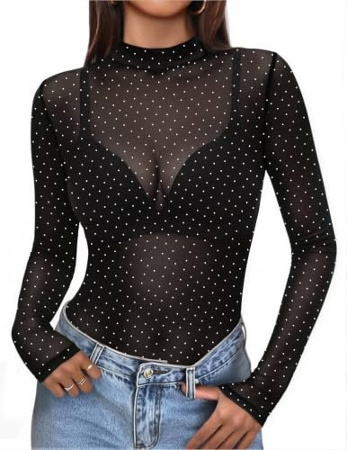 Zeagoo Top Transparent Femme Sexy Haut Strass et Paillettes Tops Moulante T Shirt Mesh Blouse Soirée Noir S