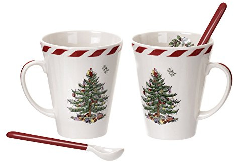 Spode Christmas Tree Peppermint 14oz Mug & Spoon Set (4-Piece) - Festive Earthenware with Candy Cane Motif, Mug for Hot Chocolate, Coffee, Holiday Mornings - Christmas Drinkware