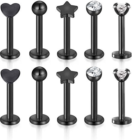 Funseedrr 5 Paia 16G di Orecchini Piercing al Labbro Labret Set 8mm in Acciaio Inossidabile Nero Tragus Helix Piercing Jewellery