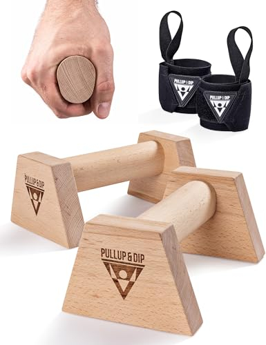 PULLUP & DIP Liegestützgriffe aus Holz inkl. Handgelenkbandagen – Ergonomische Handstandgriffe, rutschfeste Push-Up Bars für Calisthenics, Fitness & Oberkörpertraining