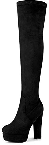Allegra K Femme Bottes Plateforme Talon Bloc Hauteur Genou | 5 1/8 Pouces Talon Bloc Suédine Bout Rond Confort Automne Hiver Bottes Habillées