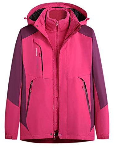 Lazzboy Frauen wasserdichte Hoodie Abnehmbare Atmungsaktive Sport Outdoor Coat Jacke Damen Wasserdicht Fleece Gefüttert Kapuzenmantel(Pink,2XL)