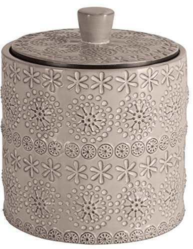 Spirella Wattepaddose Relief Kosmetikorganizer für Make Up und Schmuck Porzellan Wattepadspender, Kleiner Wattestäbchen Spender aus Kunststoff, runde Wattepads Aufbewahrung mit Deckel Beige