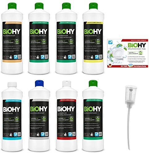 BiOHY Set di pulizia combinato con dosatore e pastiglie per lavastoviglie (8 x 1 L) | per tutti i campi di applicazione | potente ed efficiente | 100% detergente vegano senza microplastica nociva