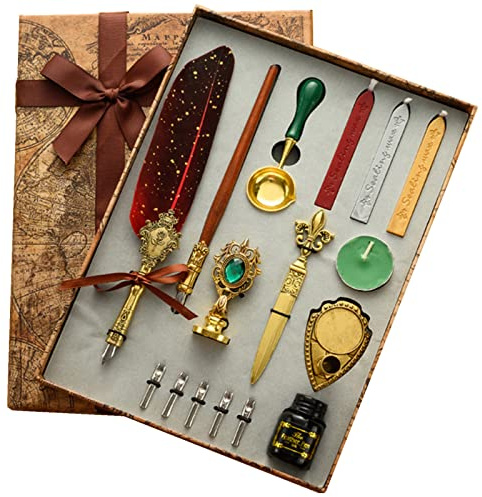 Joyeee set scrittura vintage con cera, con penna firmata vintage di lusso, pennino di ricambio, inchiostro, bastoncini di cera, cucchiaio da fusione, candela, tagliacarte e base per calligrafia # 81