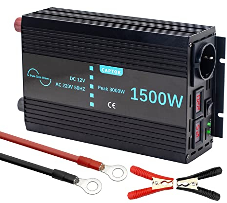 CAPTOK Spannungswandler 1500W/3000W Reiner Sinus-Wechselrichter DC 12V auf AC 230V EU-Steckdose Doppel-LCD-Digitalanzeige-Konverter