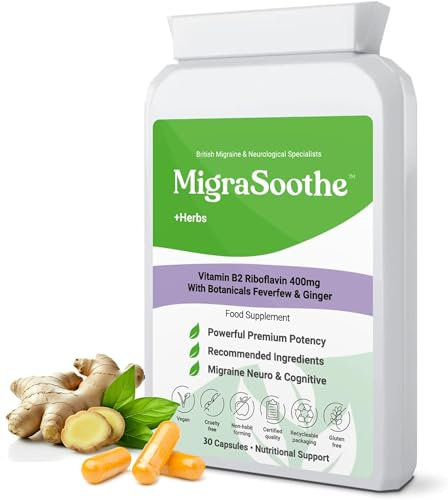 Migraine Relief Feverfew + Ginger + Vitamin B2 Riboflavin 400mg per Capsule - Migrasoothe + Herbs NHS Recommended Ingredients UK Made Stress, Headaches Tremors & Energy Vegan. Vitamin B2 400 [30]