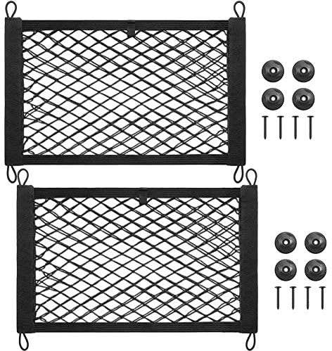 MOODKEY 2PACK Small Cargo Nets Elastic Stretchable Pocket Storage Mesh Net Universal Automotive Cargo Netting Storage Pouch with 8Pcs Mounting Screws&Hooks for Car Truck SUV Boats (17.7x9.8 Inch)