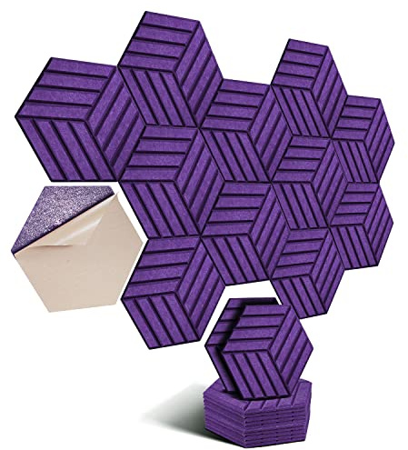 Sexkantiga självhäftande akustikplattor, 12 stycken, ljudisolering med hög densitet, för vägg, tak, trä och dörr – akustikpanel, ljudisoleringsplattor, 30 x 26 x 0,9 cm, ränder, lila