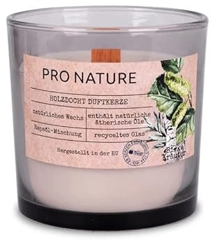 Müller Kerzen PRO NATURE Duftkerze im Glas mit Holzdocht und Rapswachs - Birke & Kräuter Duft - Enthält natürliche ätherische Öle und Rapsöl - 40 Stunden Brenndauer - Recyceltes Glas - 1er Pack