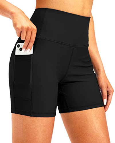 Soothfeel Women's High Waisted Swim Board Shorts 5 Inch UPF 50+ Tummy Control Bathing Suit Bottoms for Women with Pockets Black