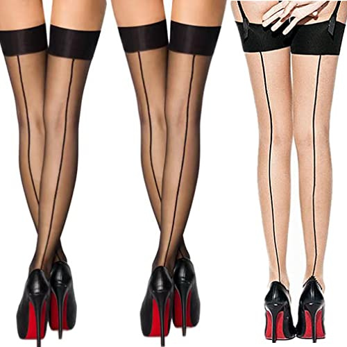 ICGSUQR 2 Pair Nylon Sexy Thigh High Stockings With Back Seam For Women Suspender Garter Belts Cuban Heel Tights Pantyhose (2Black+1Skin)